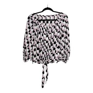 Cato Womens XL Pink Black Checkered Off Shoulder Tie Front Blouse 3/4 Sleeve